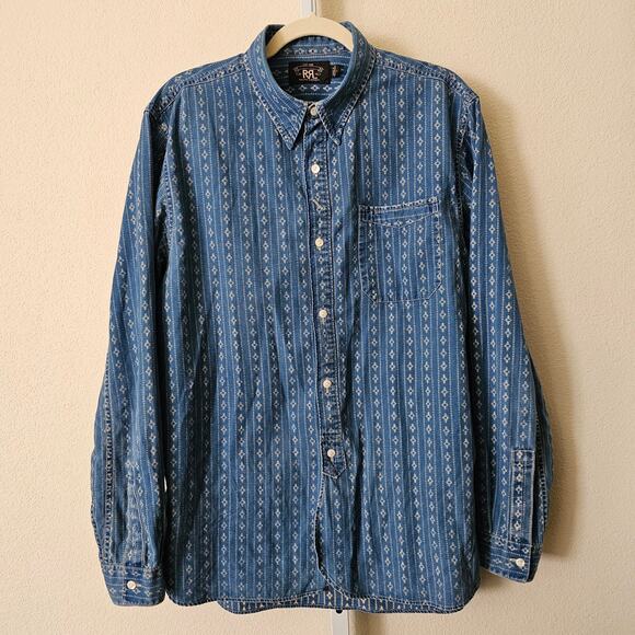 RRL RALPH LAUREN Indigo Calico Wabash Geometric Southwestern Aztec Shirt Sz L - Picture 1 of 16